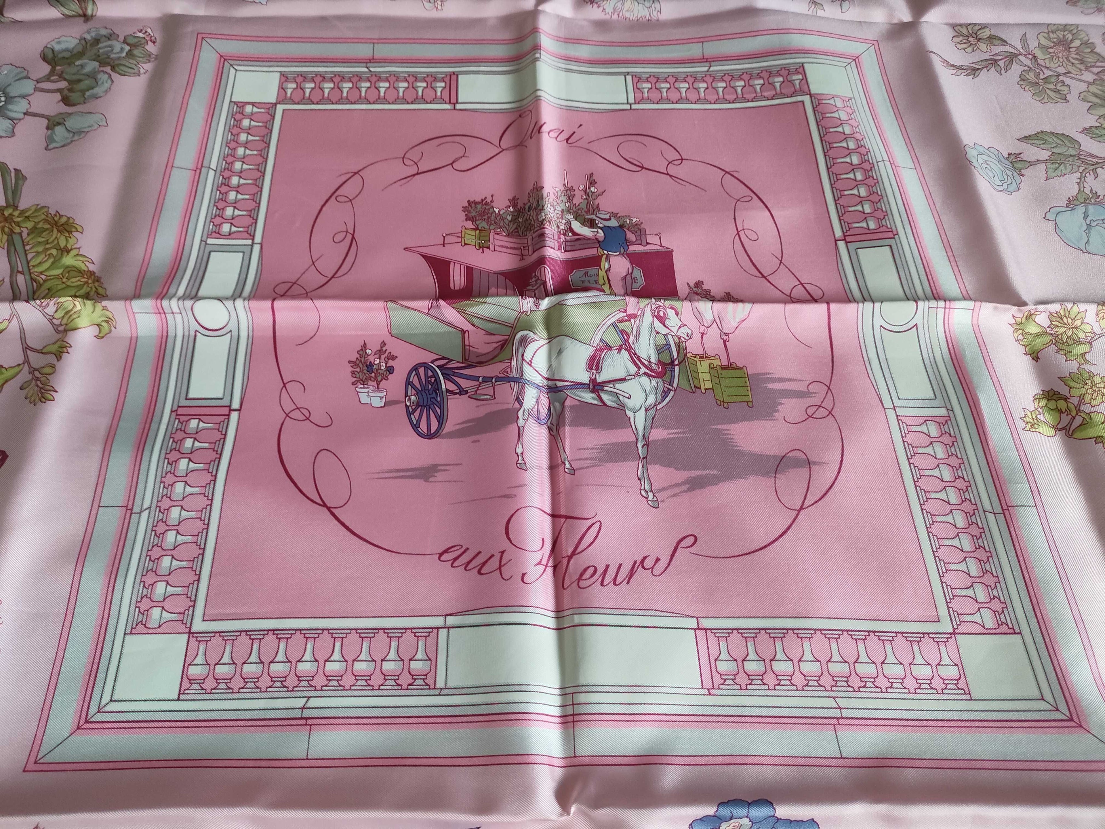 Hermes Carr 90 Quai Aux Fleurs Flowering Coastal Avenue Scarf Pink Silk