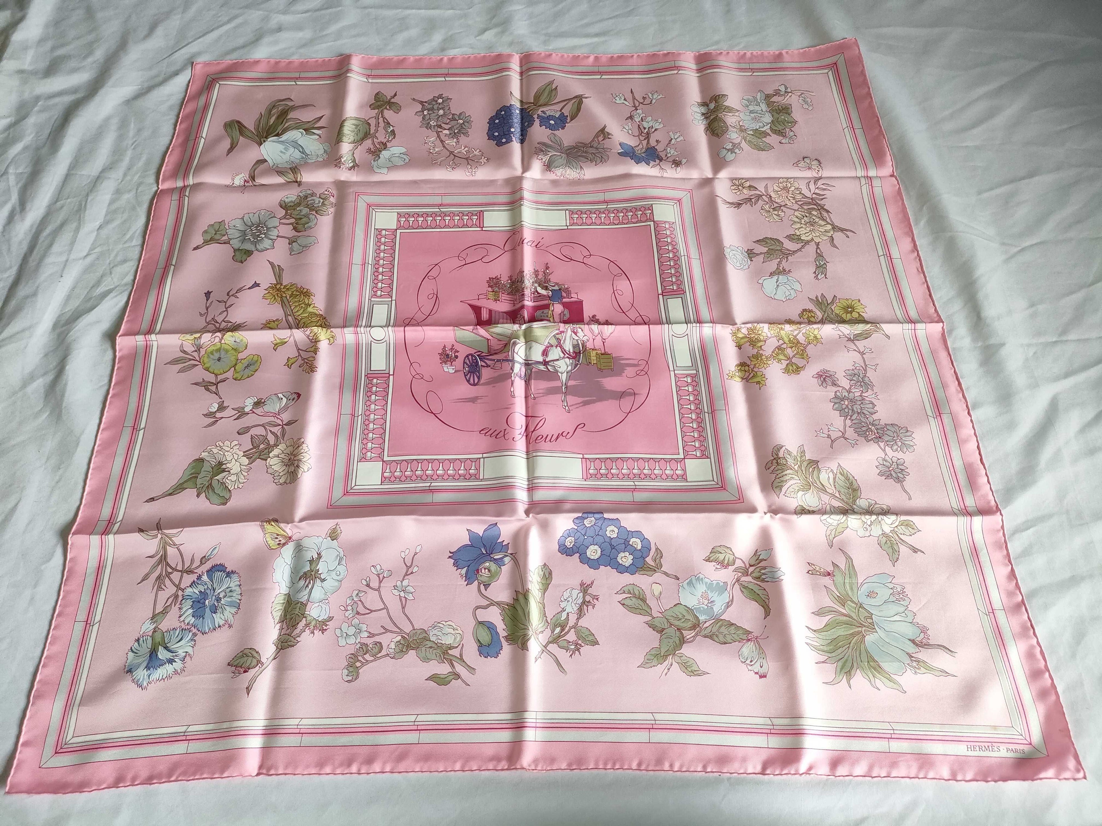Hermes Carr 90 Quai Aux Fleurs Flowering Coastal Avenue Scarf Pink Silk