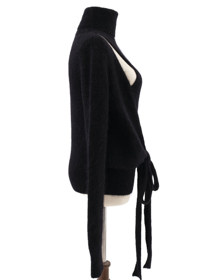 Excellent Ganni Black Wool Turtleneck Sweater Size S with Cutouts