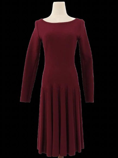 NEW Alaia Burgundy Wool Long Sleeve Dress with Pleated Skirt