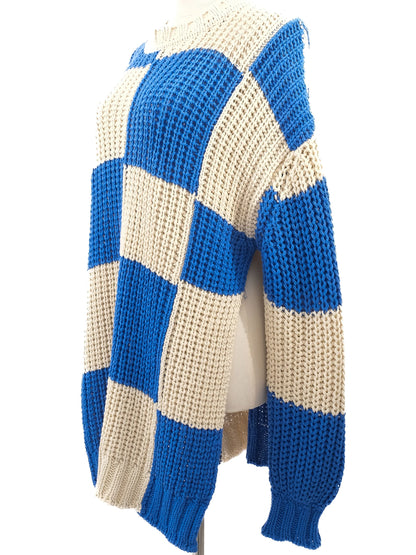Excellent Jil Sander Chunky Knit Sweater Blue Beige Checkered XXL