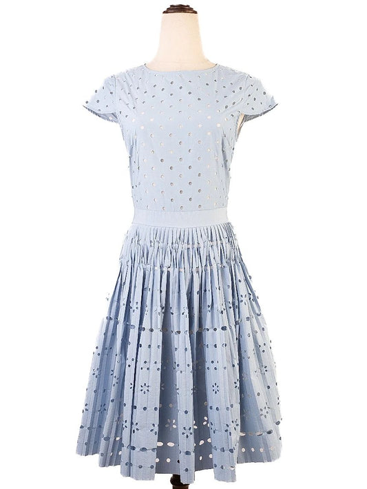 Excellent Moschino Light Blue Dress M Polyester Eyelet Pleated Skirt