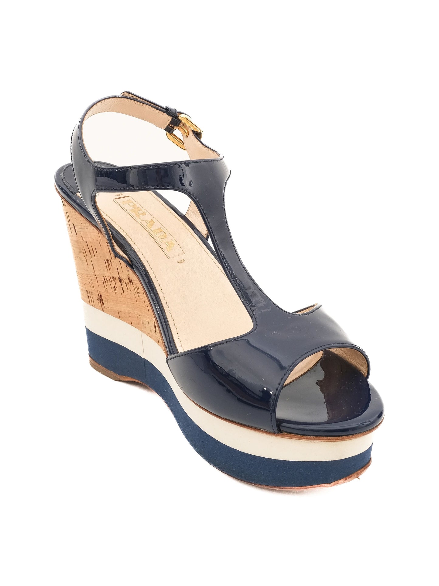 excellent prada blue leather wedge sandals size 38 with ankle strap