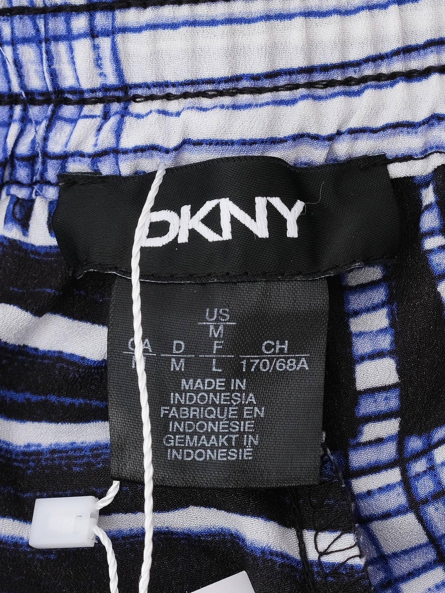 excellent dkny women's top m black white blue geometric pattern