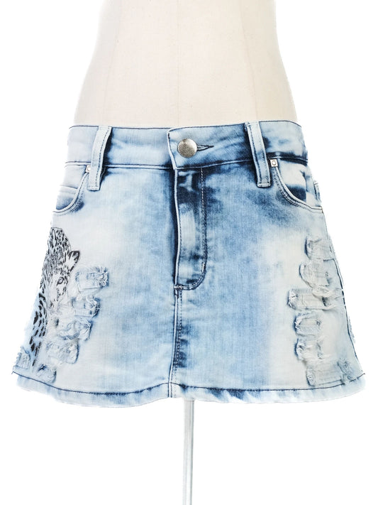Excellent Roberto Cavalli Blue Denim Mini Skirt with Leopard Print