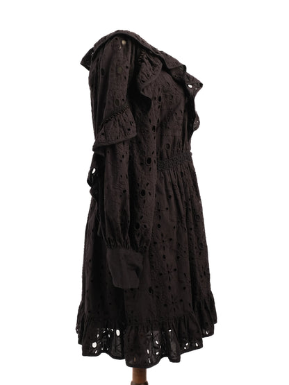 Excellent Uterque Black Cotton Dress M with Ruffle & Embroidery Details