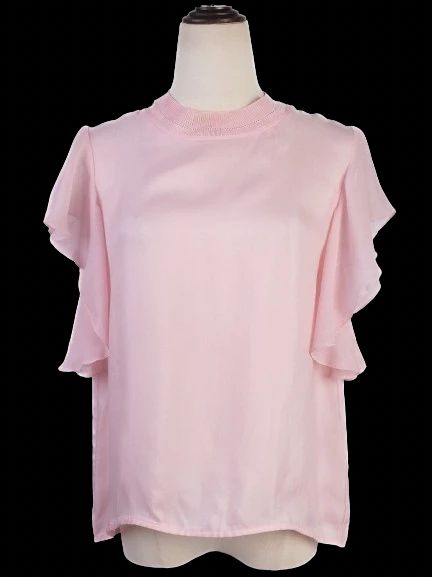 excellent sandro pink polyester blouse size xs with ruffled sleeves