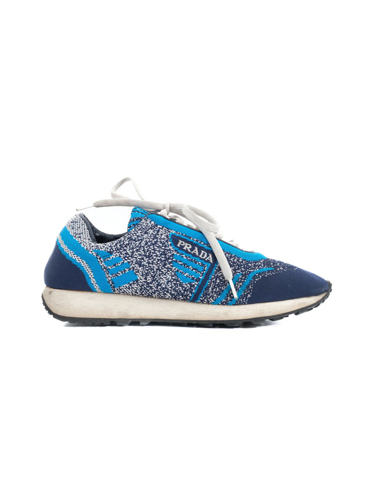 Excellent Prada Blue Textile Sneakers Size 38 with Speckled Pattern