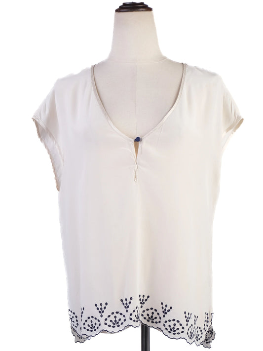 Zadig&Voltaire White Silk Blouse with Navy Embroidery Size M