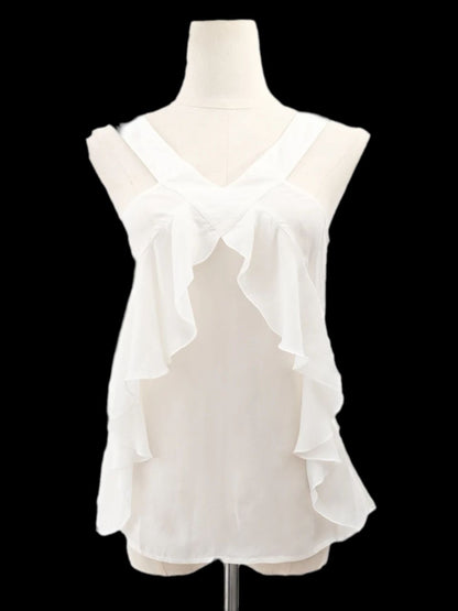 Excellent MaxCo White Cotton Sleeveless Blouse Size S with Ruffles