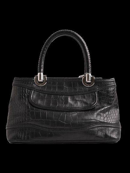 Excellent Giorgio Armani Black Leather Handbag with Crocodile Pattern