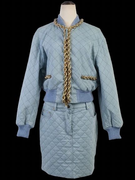 excellent moschino blue quilted denim jacket & skirt set