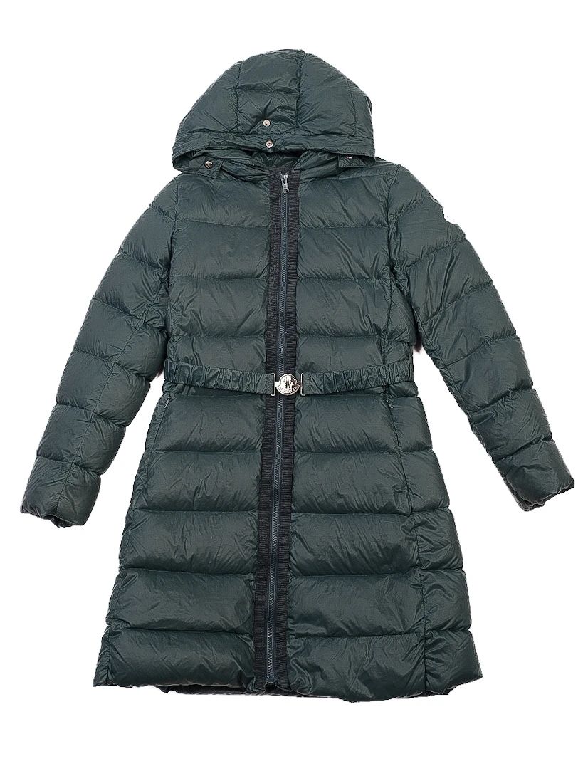 excellent moncler dark green padded coat with hood size 12 for kids