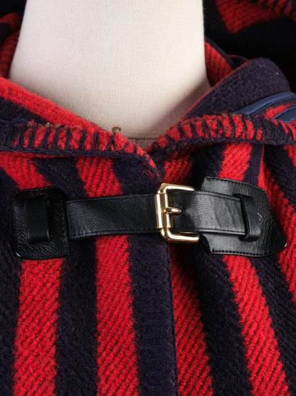 Excellent Louis Vuitton Red Black Wool Cape with Hood and Buttons