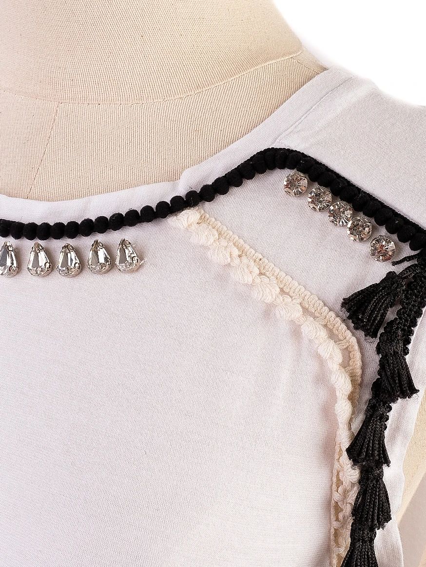twinset white sleeveless dress with black fringes size m