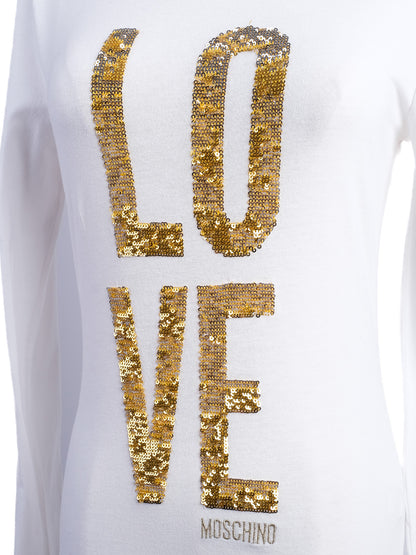 Excellent Moschino White Long Sleeve Shirt XS Gold Sequins LOVE