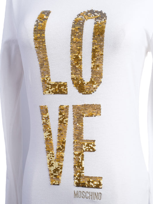 Excellent Moschino White Long Sleeve Shirt XS Gold Sequins LOVE
