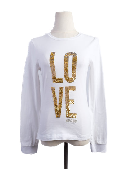 Excellent Moschino White Long Sleeve Shirt XS Gold Sequins LOVE