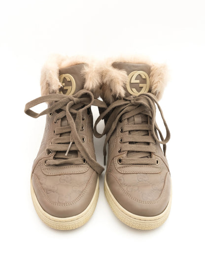 Excellent Gucci Gray Leather High-Top Sneakers with Fur Lining, Size 37