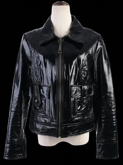 EXCELLENT Roccobarocco Black Leather Jacket Size L with Quilted Detailing