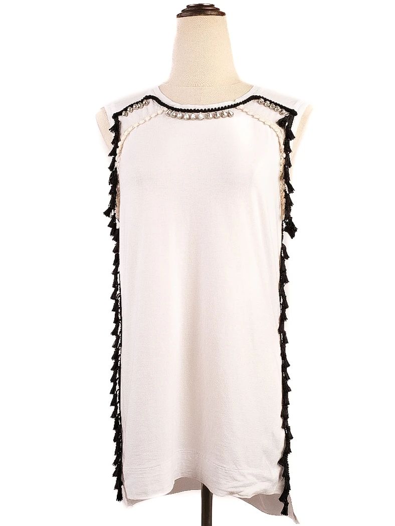 twinset white sleeveless dress with black fringes size m