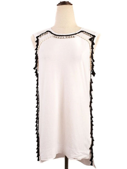 TWINSET White Sleeveless Dress with Black Fringes Size M