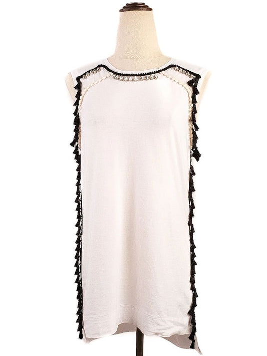 TWINSET White Sleeveless Dress with Black Fringes Size M
