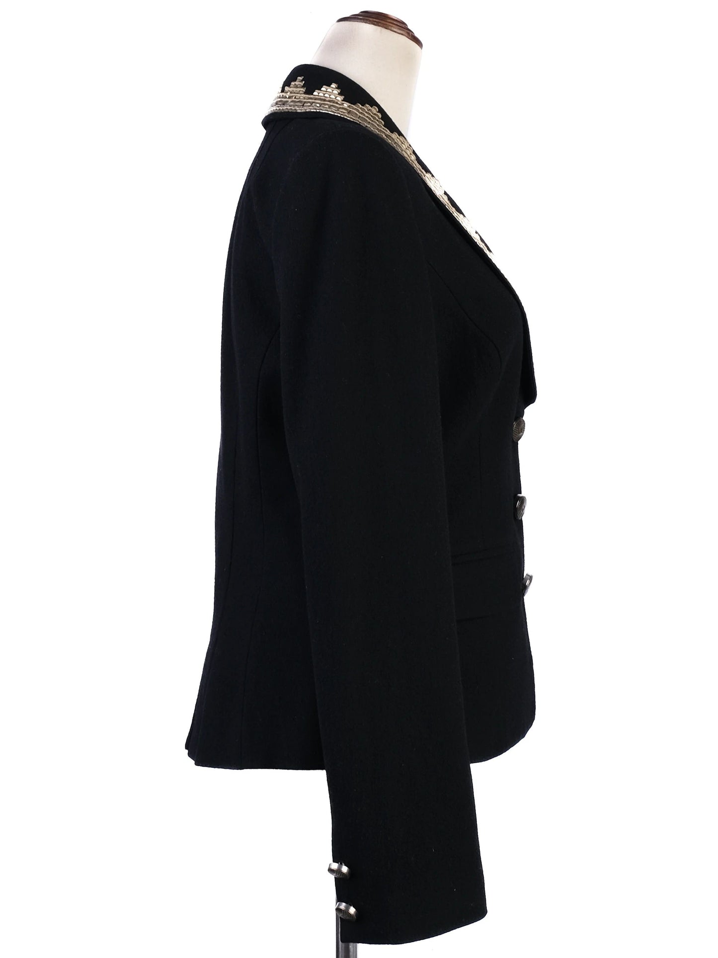 excellent class roberto cavalli black wool skirt suit with beaded collar