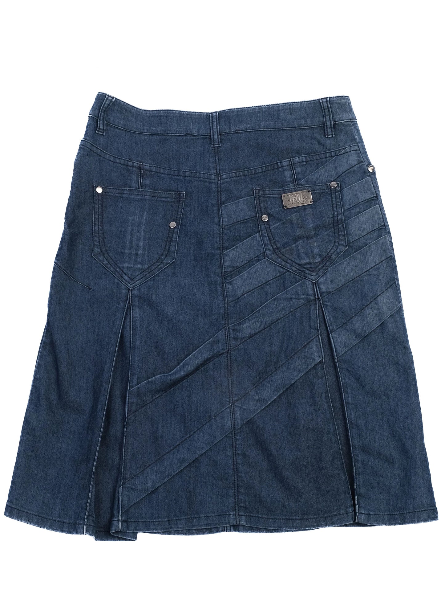 excellent la perla blue denim skirt size m with unique details