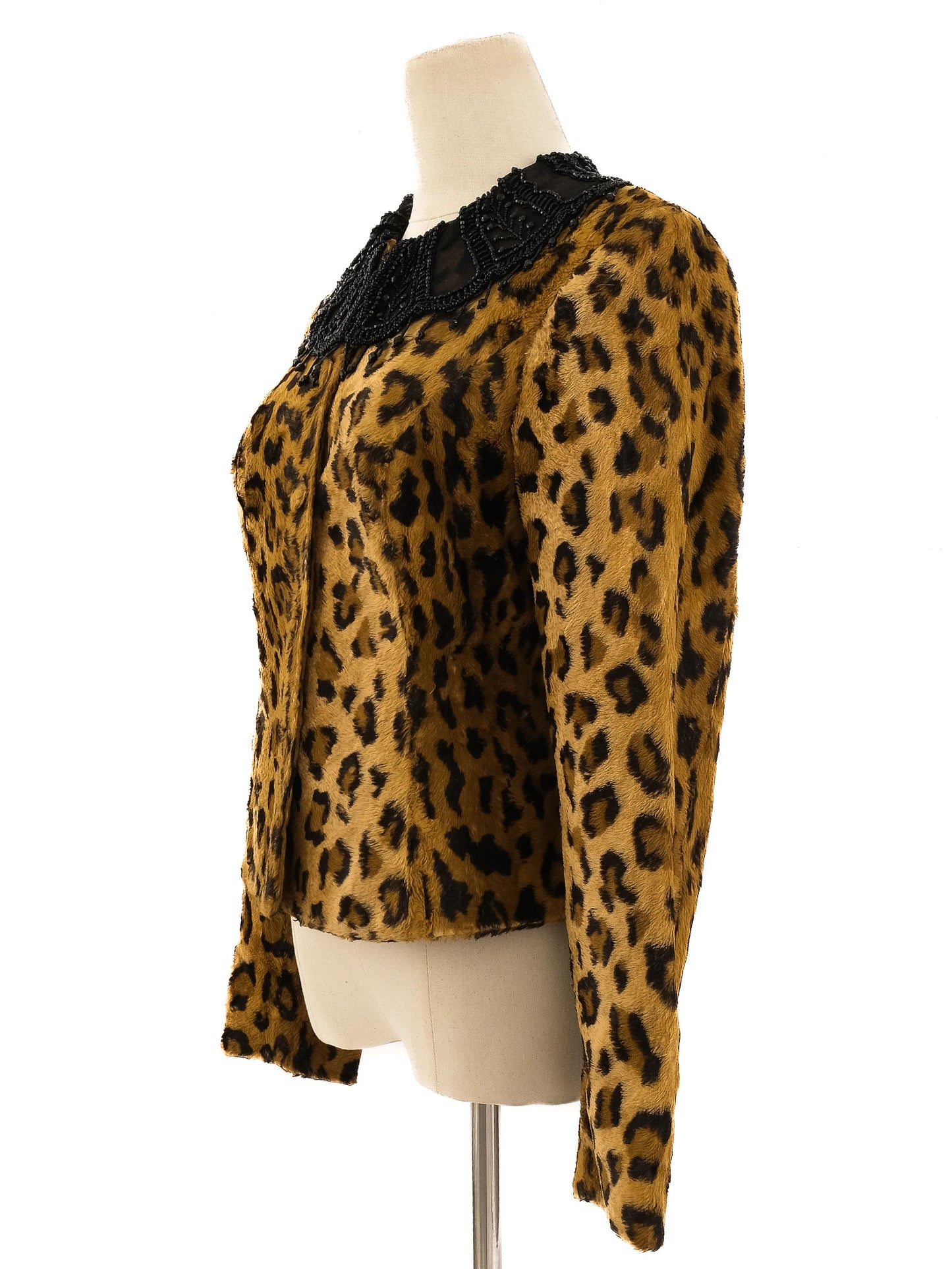 excellent blumarine leopard print jacket with beaded collar, size xs