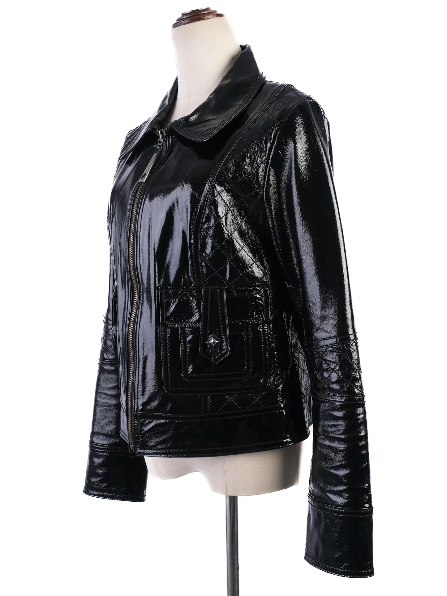 excellent roccobarocco black leather jacket size l with quilted detailing