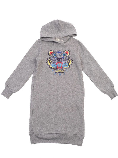 NEW Kenzo Kids Gray Hoodie Dress with Embroidered Tiger Design Size 13