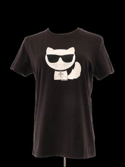 Excellent Karl Lagerfeld Black Cotton T-Shirt Size M with Cat Graphic