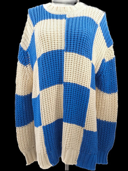 Excellent Jil Sander Chunky Knit Sweater Blue Beige Checkered XXL