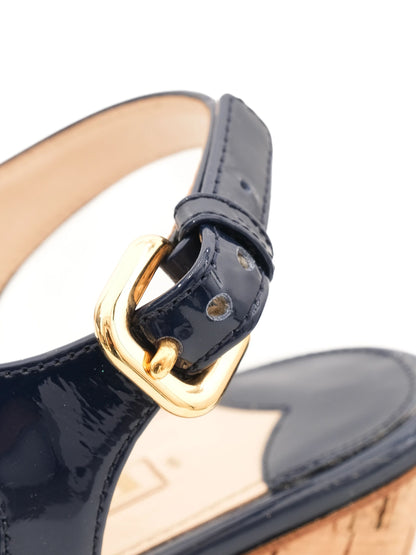 Excellent Prada Blue Leather Wedge Sandals Size 38 with Ankle Strap