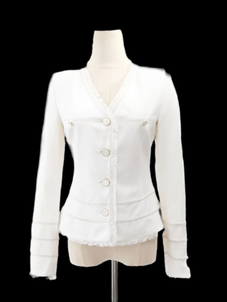 average bessini white viscose jacket size xs with decorative stitching
