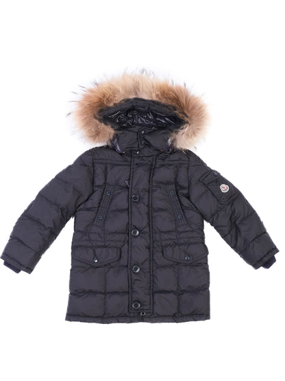 Excellent Moncler Kids Winter Coat Blue Polyester Size 4 with Fur Hood