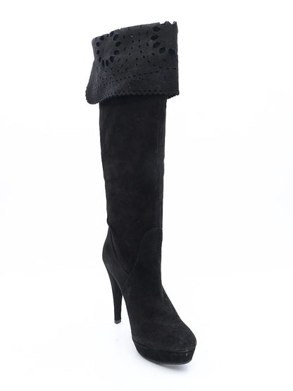 Albano Black Leather Knee-High Stiletto Boots Size 38 Excellent