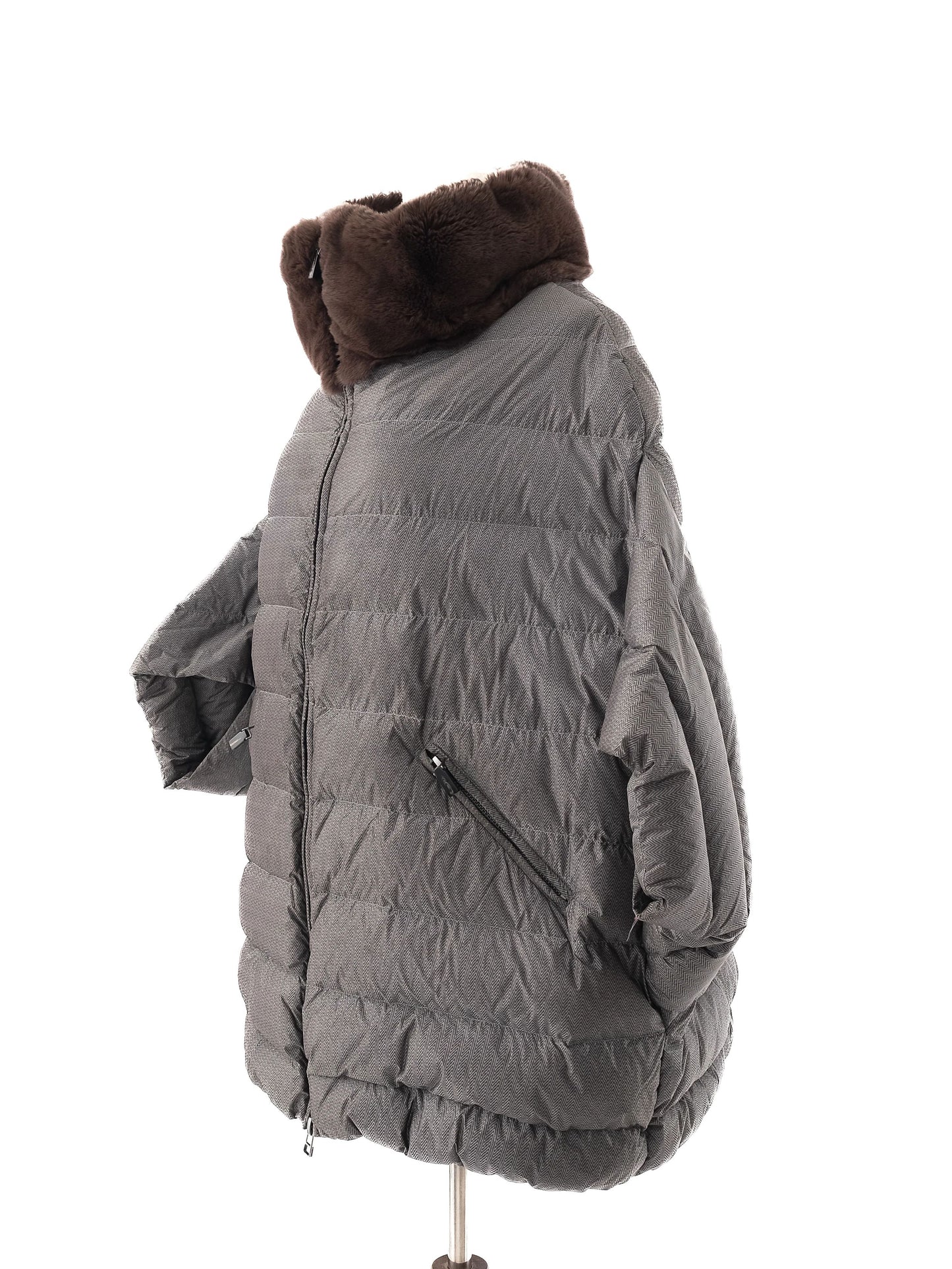 perfect odri gray nylon puffer jacket xl with brown fur collar