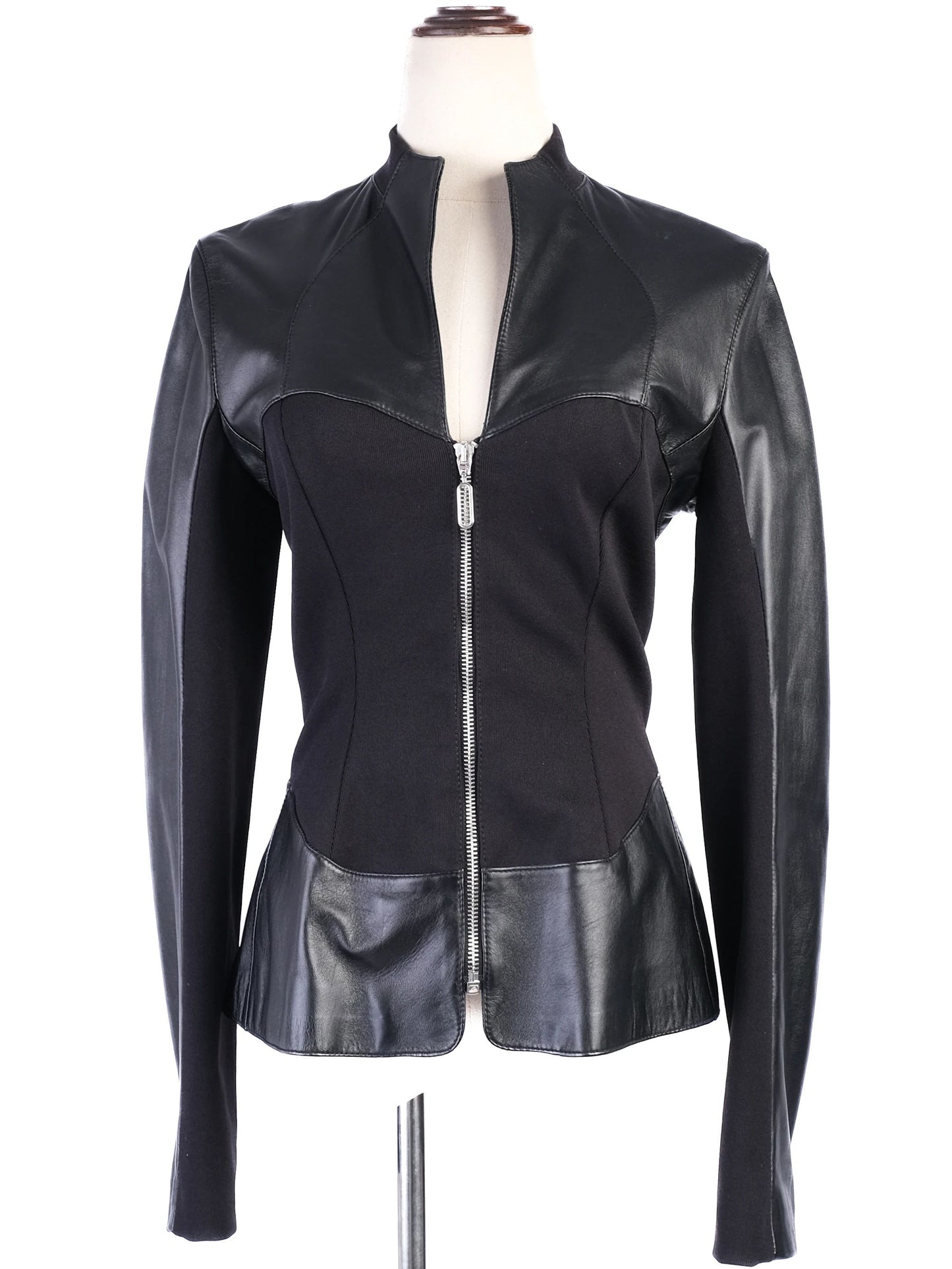 excellent versus black leather jacket with fabric accents size l