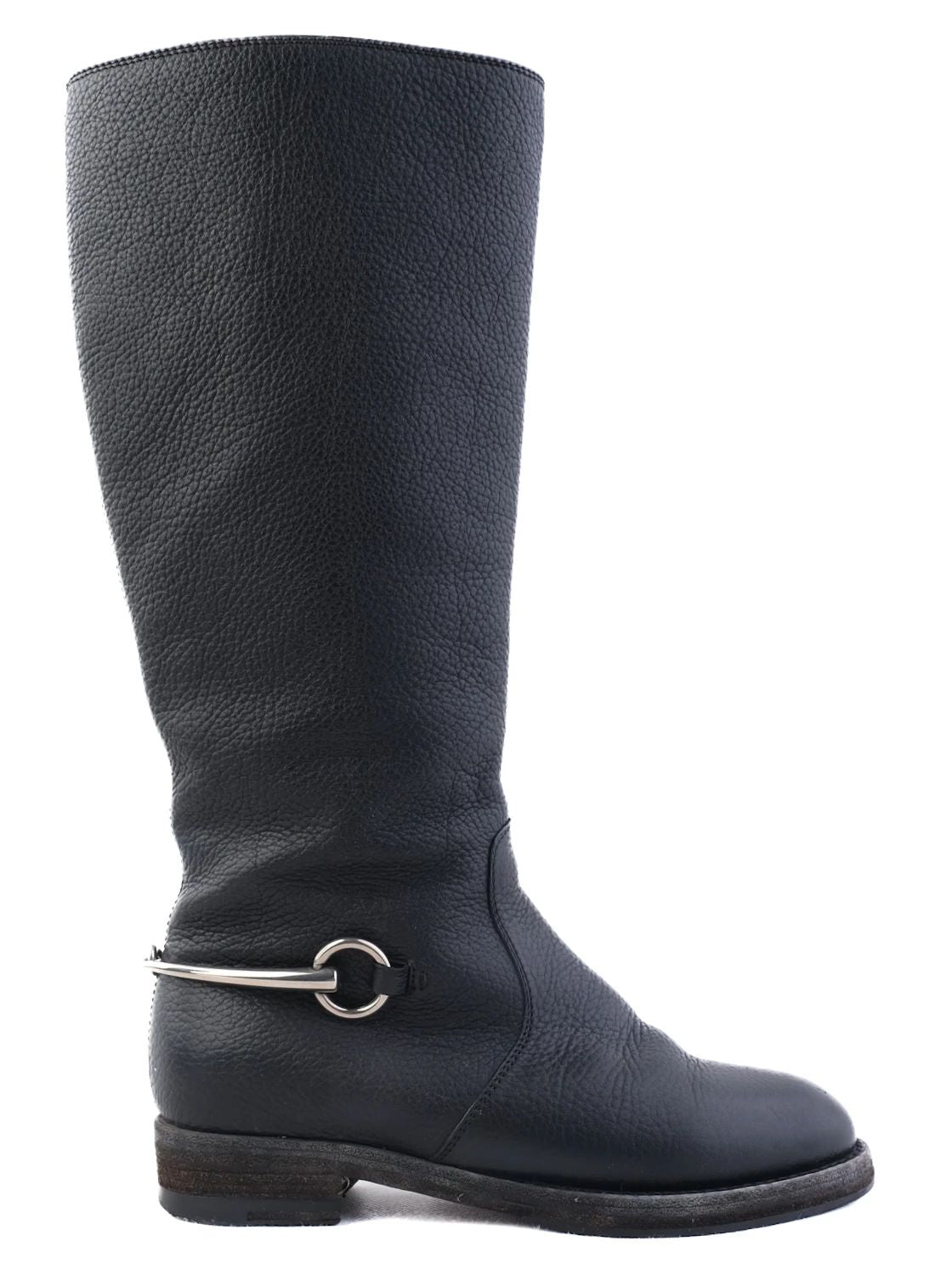 excellent gucci black leather knee-high boots with silver buckle detail