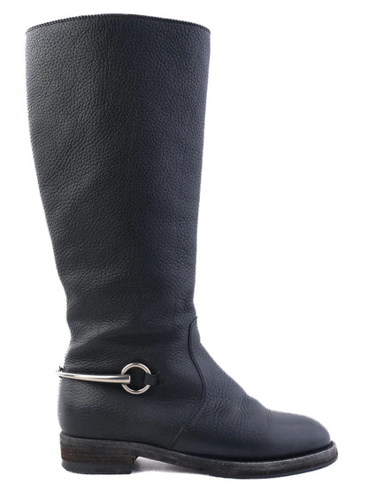 Excellent Gucci Black Leather Knee-High Boots with Silver Buckle Detail