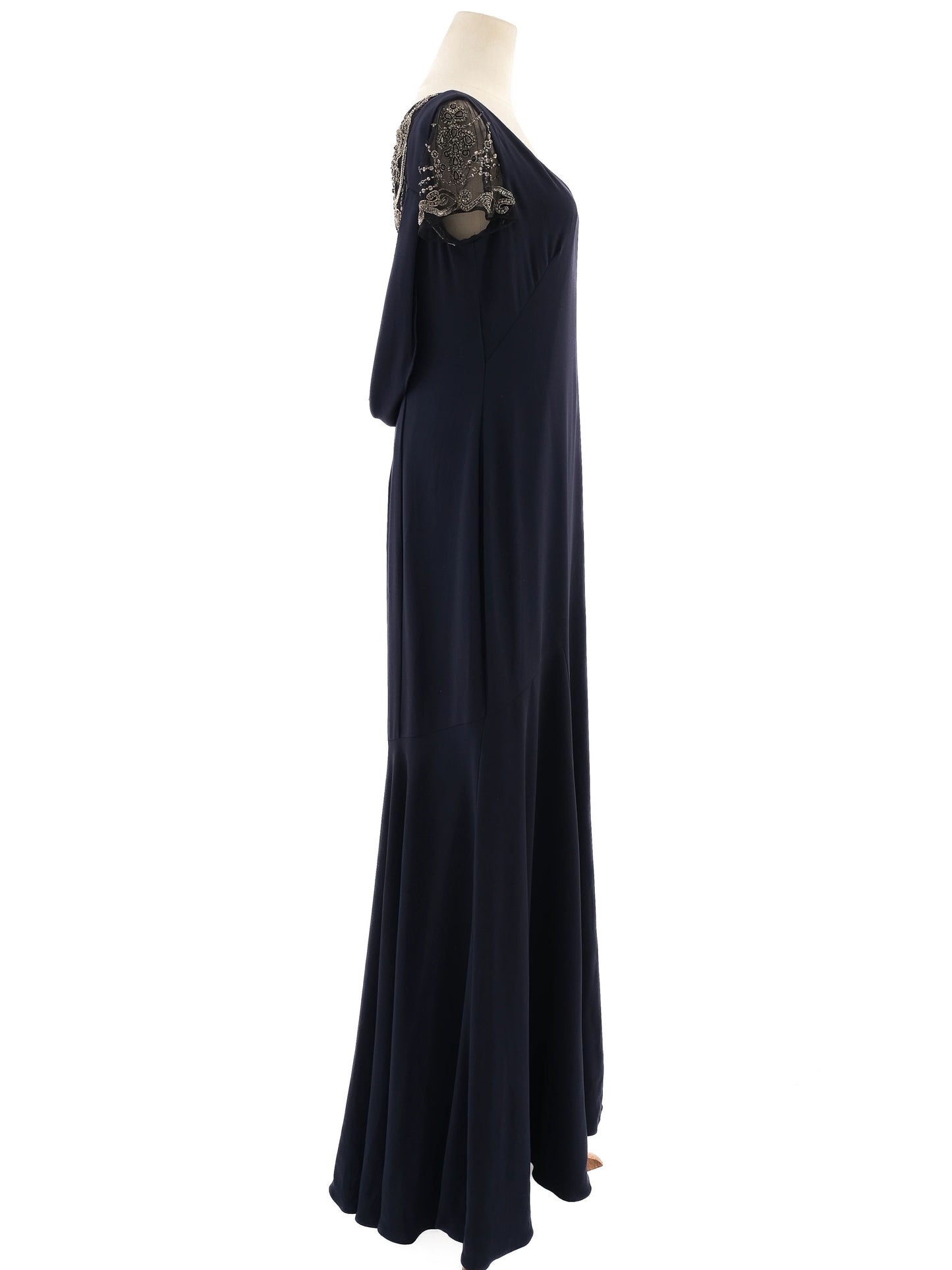 new theia couture formal navy blue gown size xl with beaded details