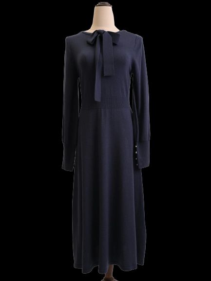 Excellent Dewl Women's Navy Blue Long-Sleeved Dress with Bow Tie