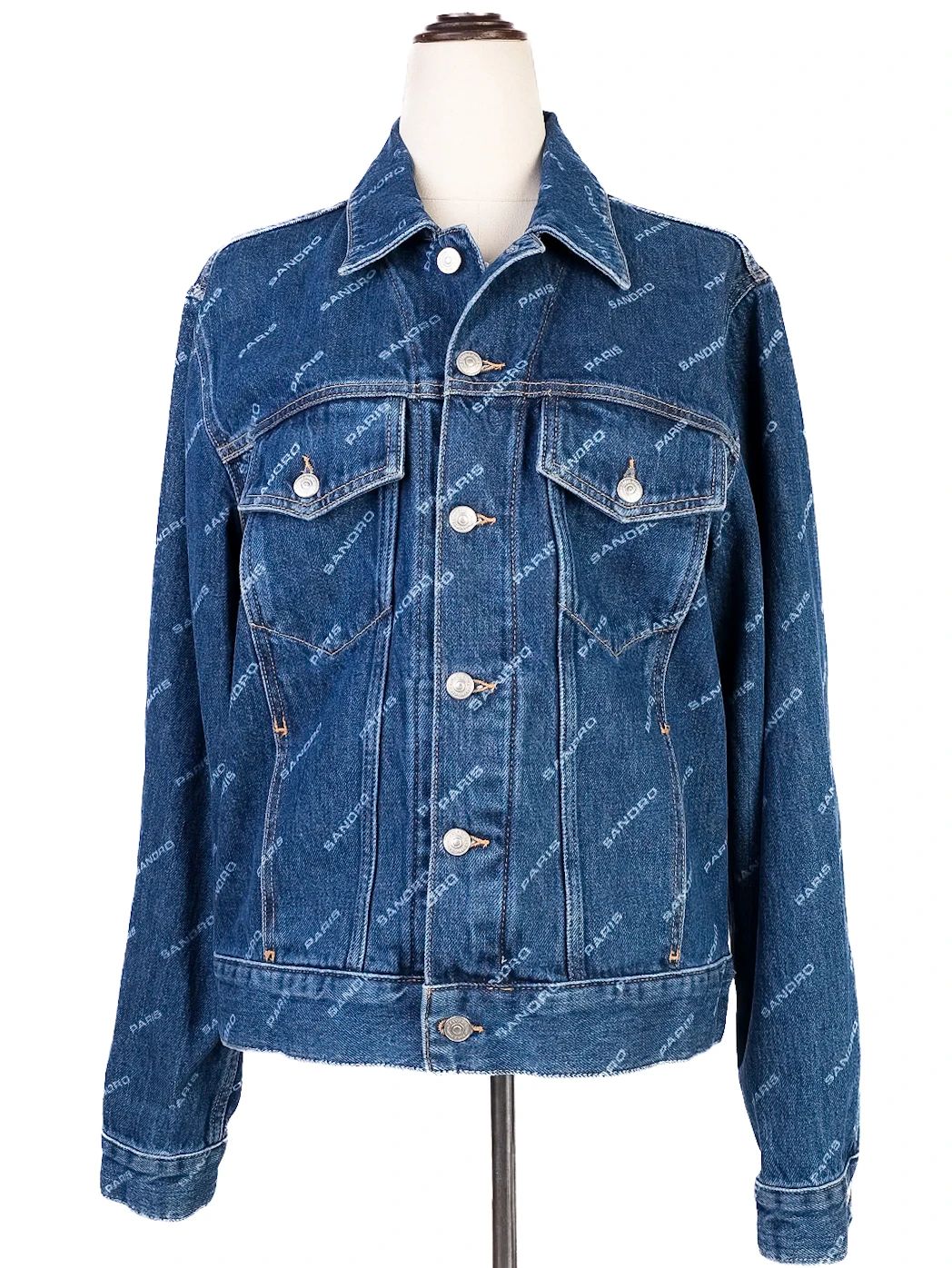 new sandro blue denim jacket size l with logo print