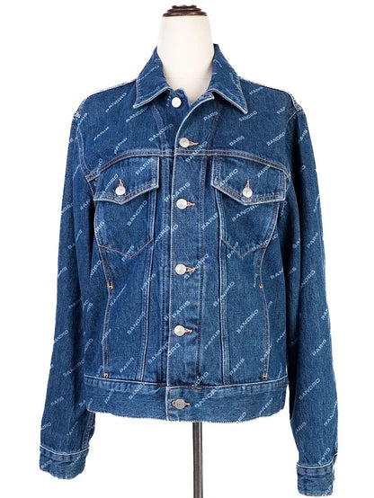 NEW Sandro Blue Denim Jacket Size L with Logo Print