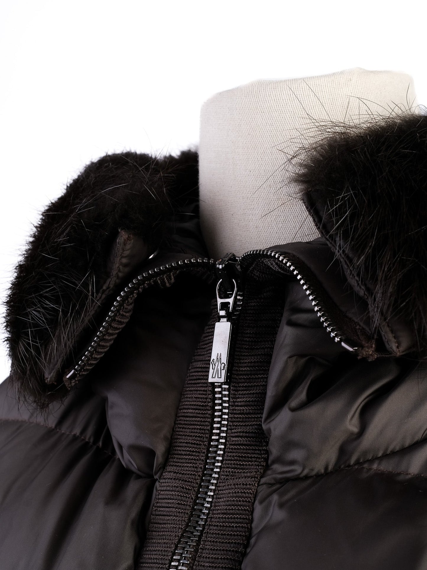 excellent moncler green long puffer jacket size xs with fur hood