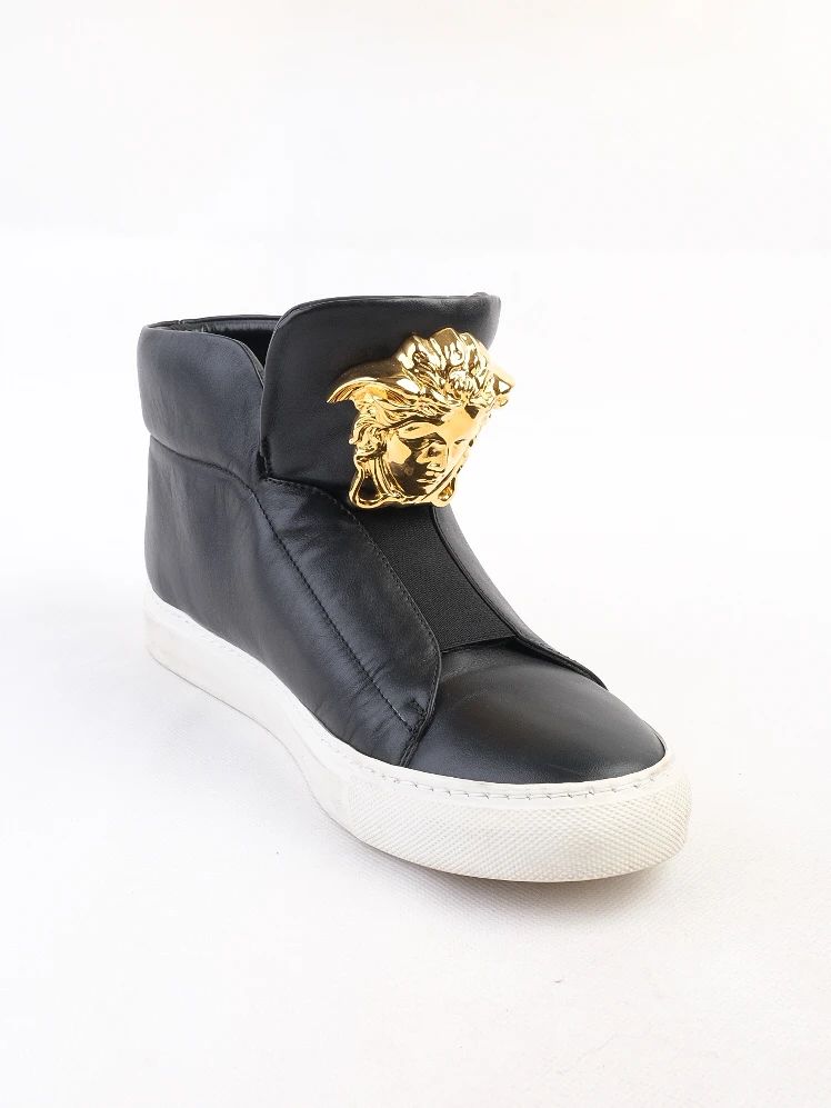 versace womenõs black leather high-top sneakers size 39 with medusa