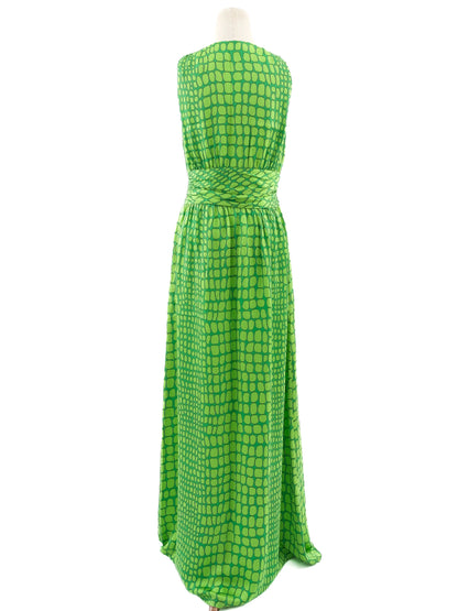 Excellent Moschino Green Silk Long Dress Size L V-Neck Geometric Pattern