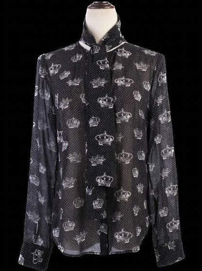 Excellent Red Valentino Black Silk Sheer Blouse with Crown Print